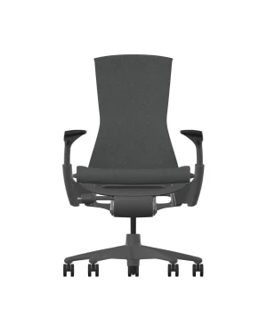 Discover the Herman Miller Embody office chair in Dark Carbon Sync fabric. This chair features a high backrest, adjustable armrests, a contoured seat, and a graphite frame with a five-wheel base for mobility. The sleek design is suitable for both office and home environments.  