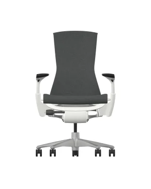 De Herman Miller Embody heeft een strak wit frame en een hoge, donkergrijze rugleuning in carbon sync. Met verstelbare armleuningen en een basis met vijf wielen combineert het ergonomisch design met ongeëvenaard comfort en ondersteuning.
