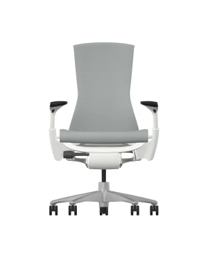 Vooraanzicht van de Herman Miller Embody – Dark Mineral Sync met een grijze rugleuning en zitting, verstelbare armleuningen, wit frame en vijfwielbasis voor mobiliteit. Dit iconische ontwerp biedt ultiem comfort.