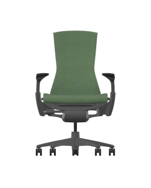The Herman Miller Embody in Everglade Sync combines a high backrest with black armrests on a Graphite Frame, with a black base and five wheels for mobility and comfort.