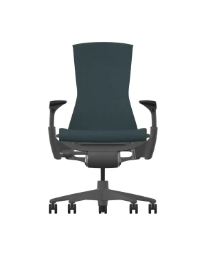 Enjoy unparalleled comfort with the Herman Miller Embody in Nightfall Sync, featuring a sleek dark blue fabric and Graphite Frame. A durable black base with five wheels provides support and style, embodying modern office elegance. 