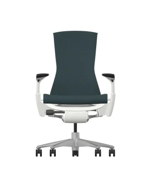 Front view of the Herman Miller Embody – Nightfall Sync, a modern office chair with a high backrest, dark upholstery, and adjustable armrests. It features a sleek white frame and a five-wheel base for ergonomic comfort. 