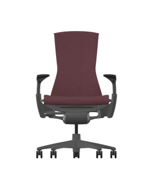 Experience ergonomic comfort with the Herman Miller Embody in Wild Berry Sync, featuring a high backrest and graphite frame. The swivel base with black armrests ensures seamless movement, perfect for modern business environments. 