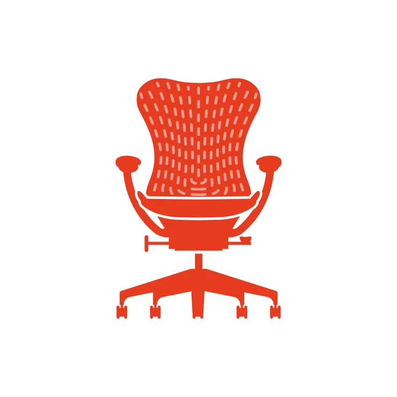 Illustratie van een rode ergonomische bureaustoel, vergelijkbaar met de Herman Miller Mirra 2 – Graphite, met een gepatternde rugleuning, armleuningen en een onderstel met vijf wielen op een witte achtergrond.