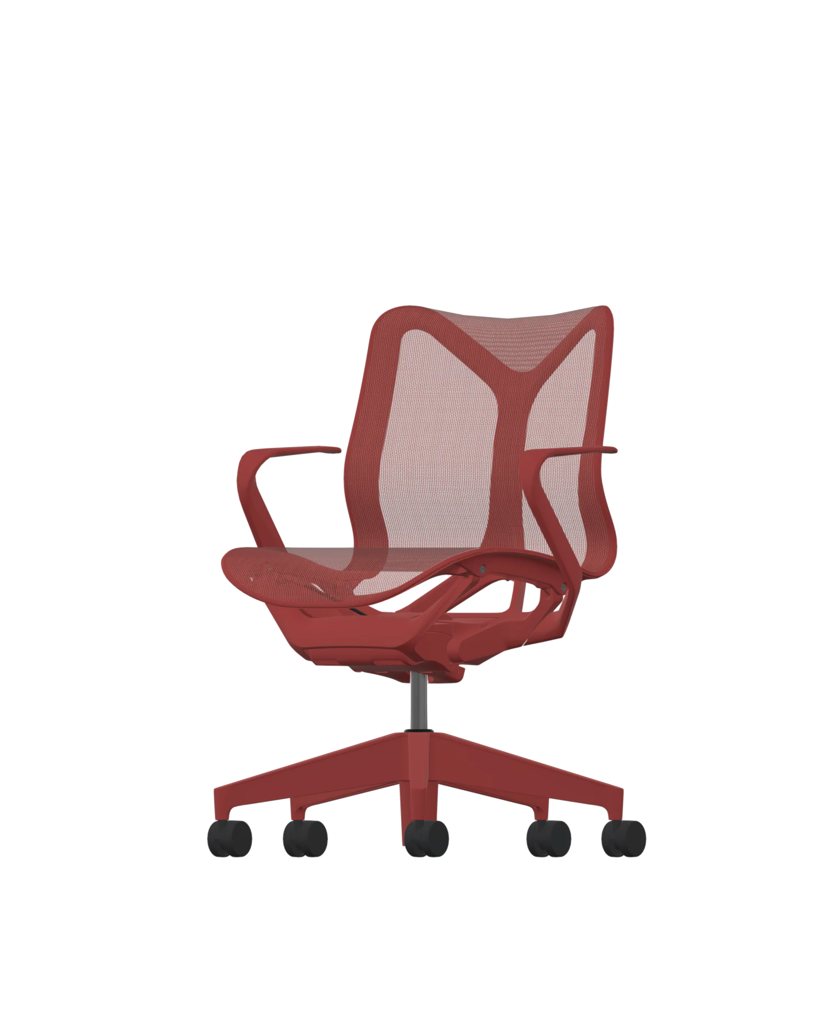 Een moderne, rode bureaustoel met een mesh-rug en zitting. Het beschikt over verstelbare armleuningen en een wielbasis met vijf wielen, ontworpen voor ergonomische ondersteuning en mobiliteit.