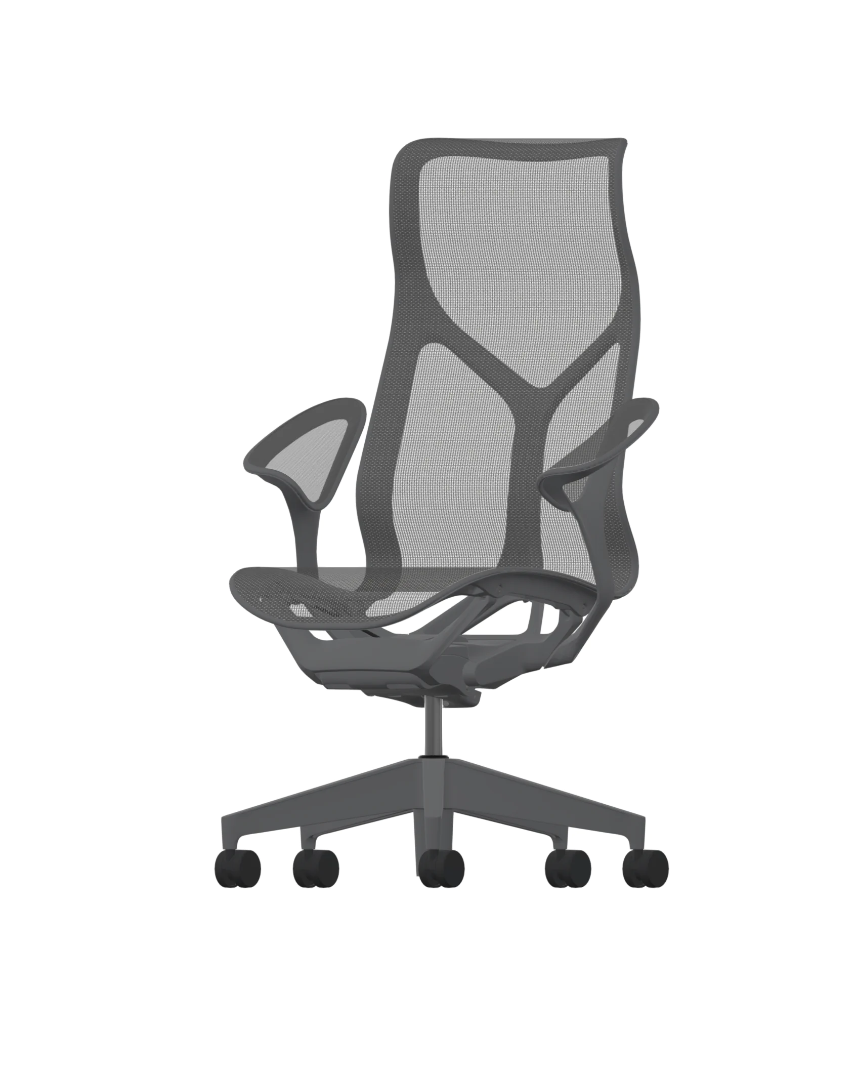 De Herman Miller Cosm bureaustoel in Carbon heeft een hoge rugleuning, Leaf armleuningen en een onderstel met vijf wielen. Dit zorgt voor soepele mobiliteit met een modern ergonomisch ontwerp en een strakke grijze mesh-afwerking voor ultieme stijl en comfort.