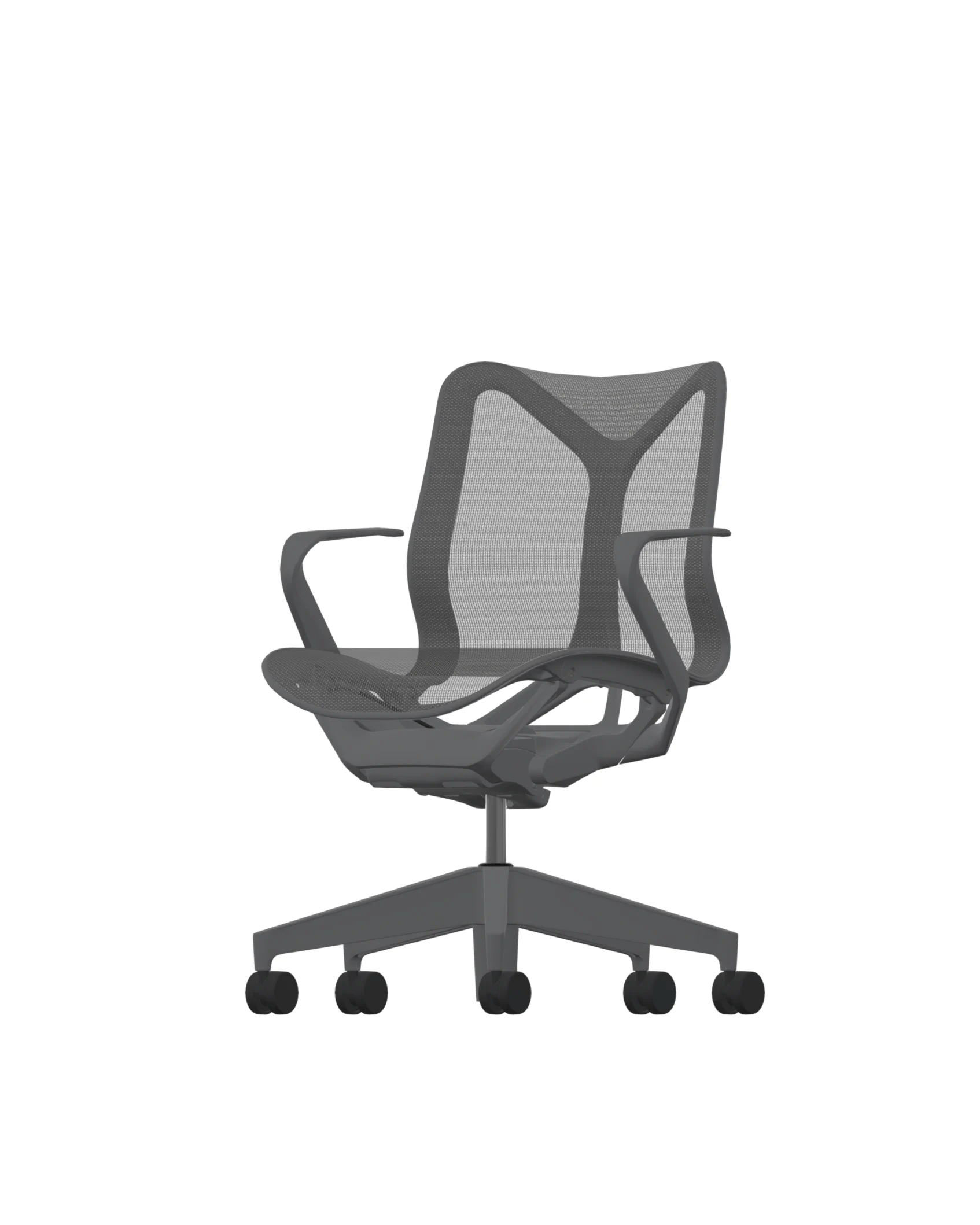The Herman Miller Cosm office chair features a mesh backrest and seat, grey armrests, and a black base with five wheels for mobility. The sleek, curved lines provide ergonomic support, echoing the refined design seen in other Herman Miller Cosm pieces. 