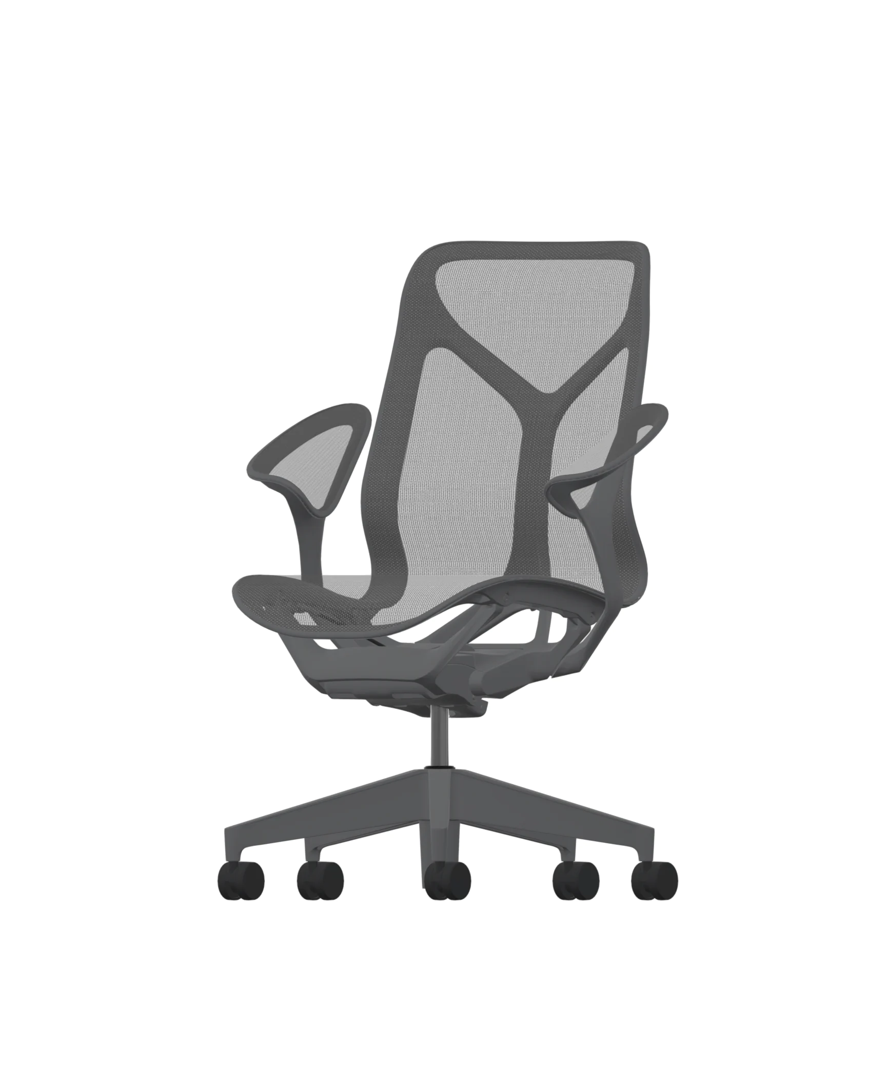 De Herman Miller Cosm &ndash; Carbon &ndash; Midden Rug &ndash; Leaf Arm stoel heeft een modern, ergonomisch design met een mesh rugleuning en zitting, verstelbare Leaf armen en een draaibare basis met vijf zwenkwielen. De strakke minimalistische elegantie wordt benadrukt door de Carbon midden tinten.