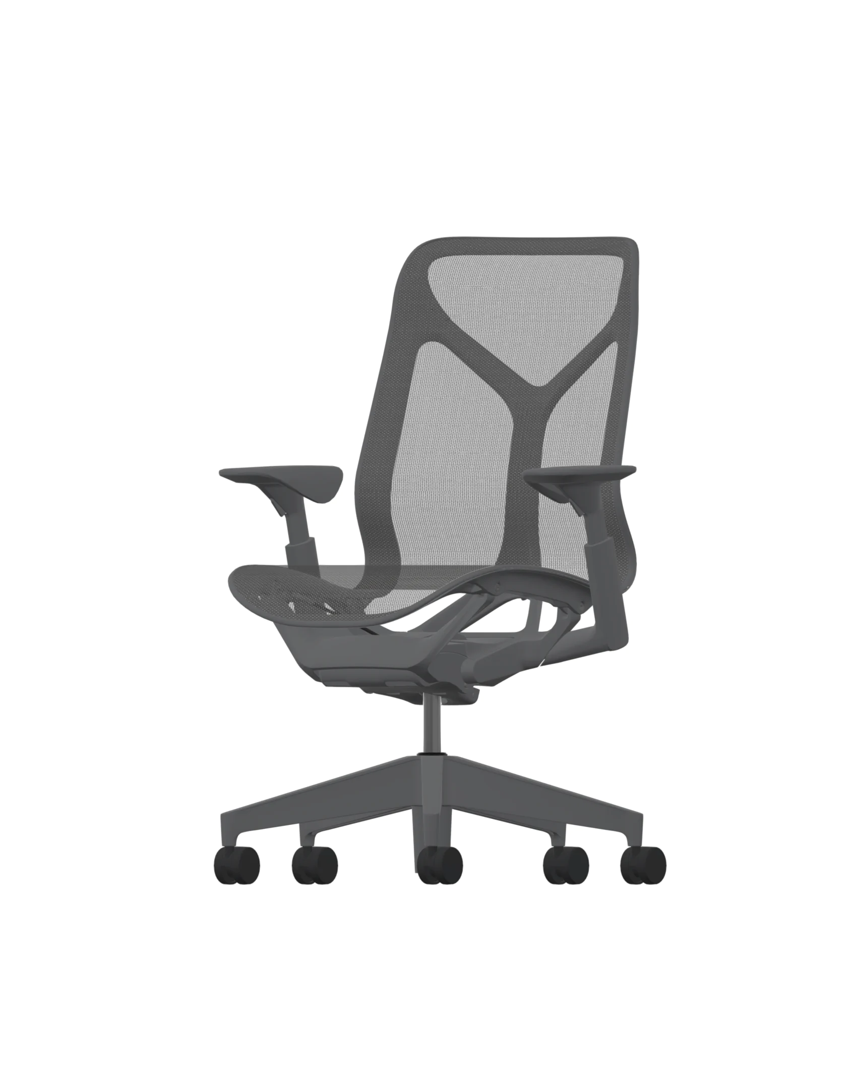 Ontdek de Herman Miller Cosm-stoel in een Carbon Midden Rug-afwerking. Het heeft een ergonomisch ontwerp met een grijze mesh-rugleuning en zitting, verstelbare armleuningen en een basis met vijf wielen voor soepele mobiliteit.