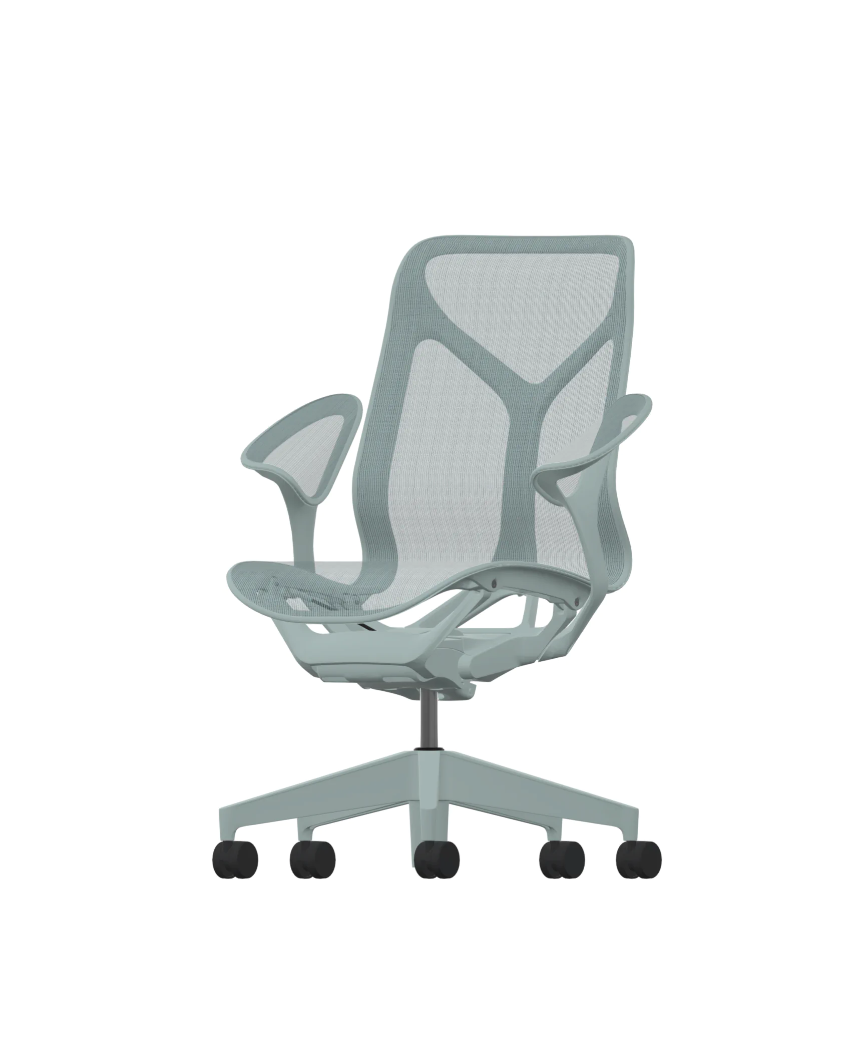 Maak kennis met de Herman Miller Cosm in Glacier, met een middenkleedzitting en gebogen bladarmleuningen. Het ergonomische ontwerp omvat een mesh-rug voor comfort, terwijl de basis met vijf wielen zorgt voor eenvoudige mobiliteit in elke werkruimte.