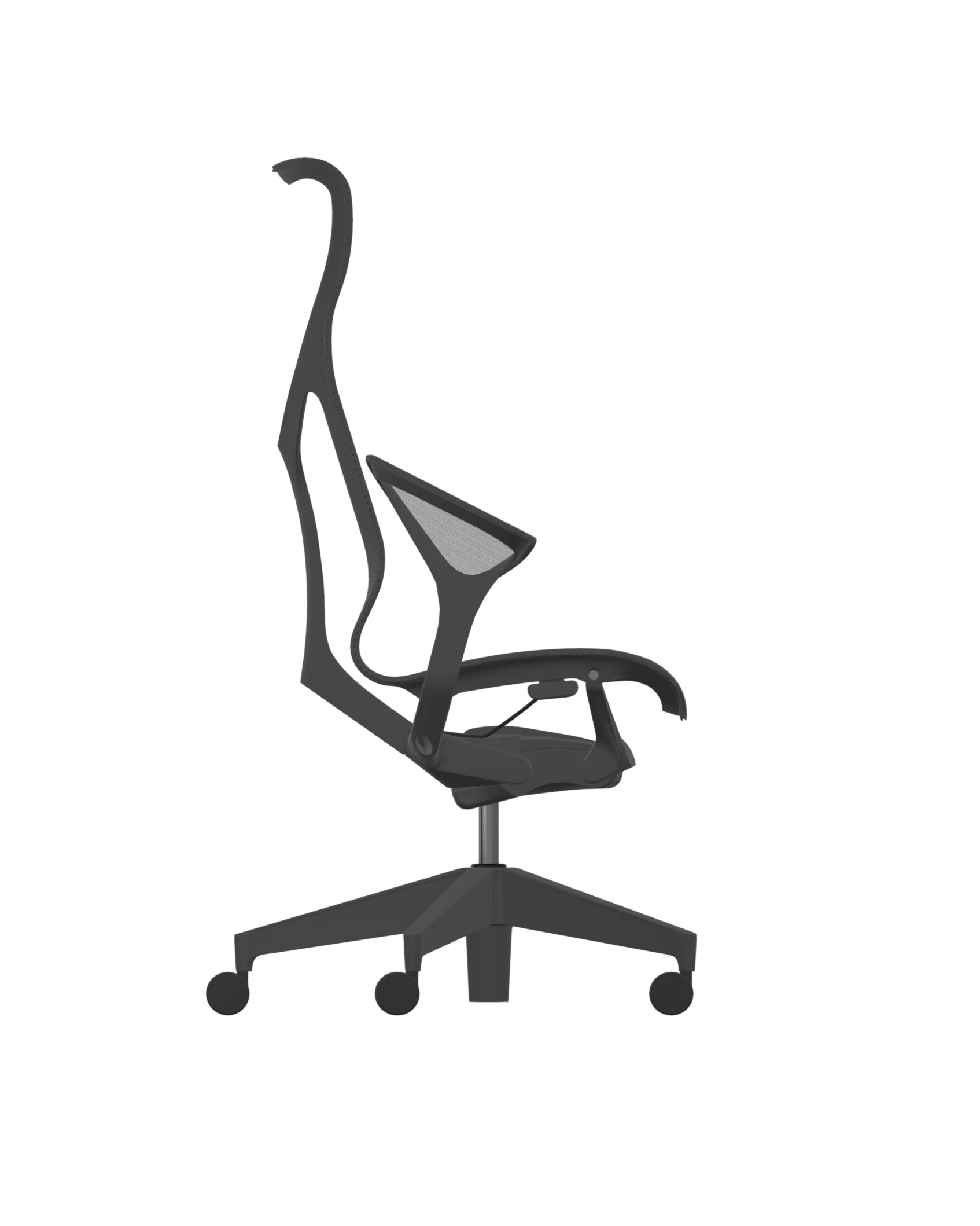 The Herman Miller Cosm &ndash; Graphite &ndash; High Back &ndash; Leaf Arm office chair features an ergonomic design with a mesh backrest, adjustable arms, five wheels, and a curved backrest. Elegantly profiled against a plain background, it embodies modernity and functionality. 