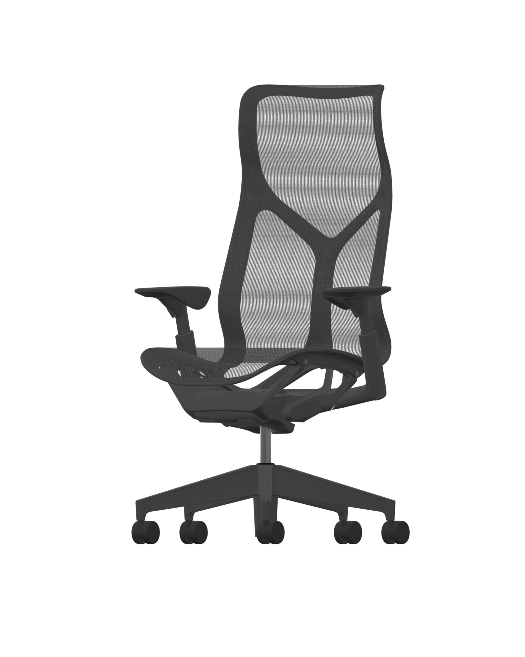 The Herman Miller Cosm in graphite color has a high backrest with adjustable armrests, a black frame, a grey mesh backrest and seat, and a five-wheel base for extra mobility. The whole offers a sleek, contemporary design. 