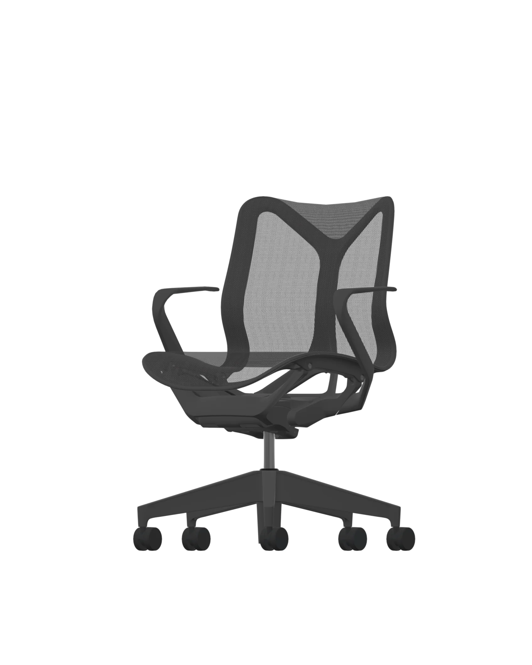 De Herman Miller Cosm in Graphite heeft een modern design met een mesh-rugleuning en ergonomische details, compleet met vaste armleuningen en een onderstel met vijf wielen voor eenvoudige verplaatsing.