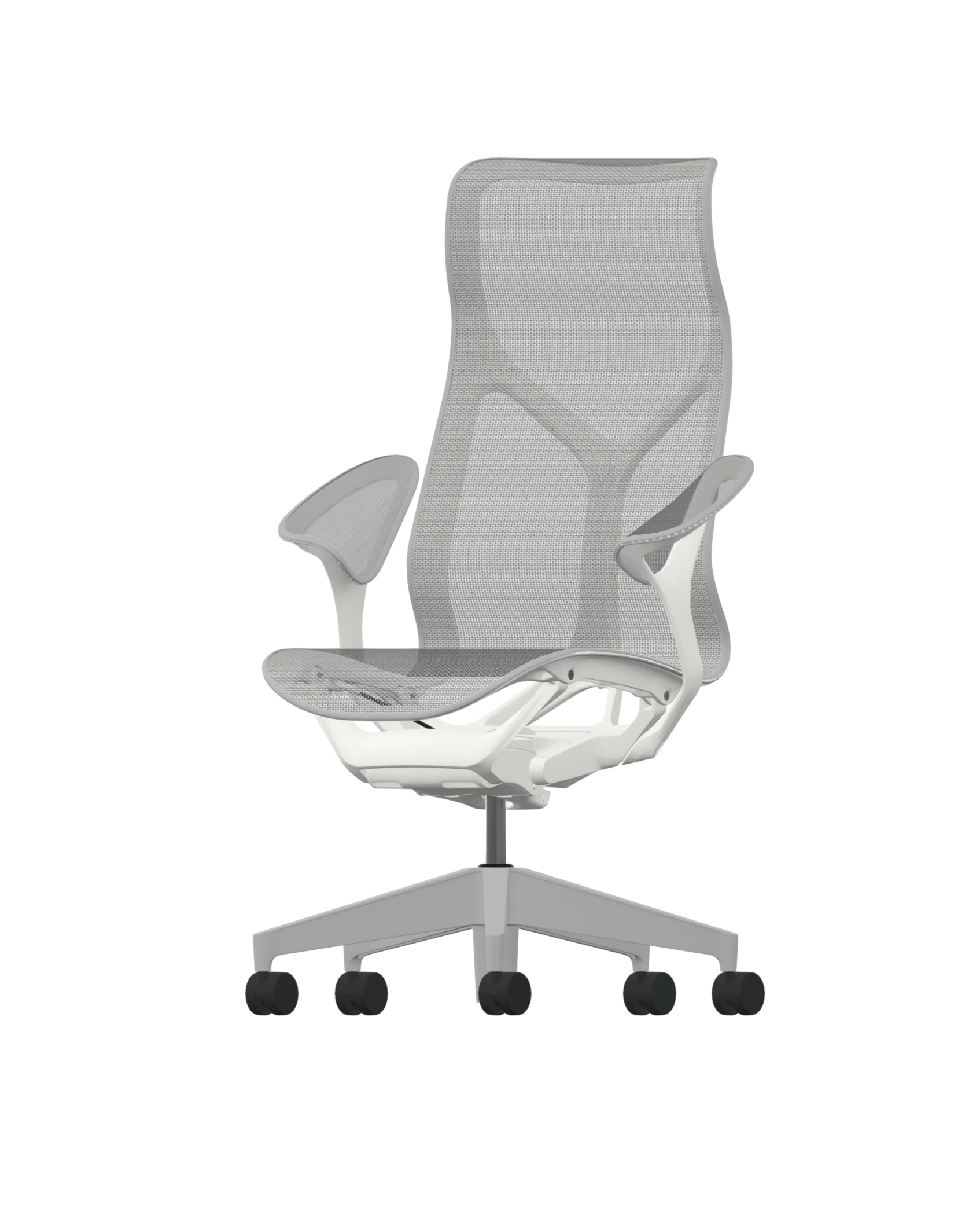 Maak kennis met de gestroomlijnde Herman Miller Cosm ergonomische bureaustoel in de kleur Mineral met een hoge rugleuning, Leaf Arm verstelbare armleuningen, een lichtgrijze mesh zitting en een onderstel met vijf wielen met een eigentijds, hoekig ontwerp.