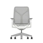 The Herman Miller Cosm – Mineral – Mid Back offers an ergonomic design with a gray mesh backrest and seat, adjustable armrests, and a sleek white frame. The base with five wheels ensures smooth movement. 