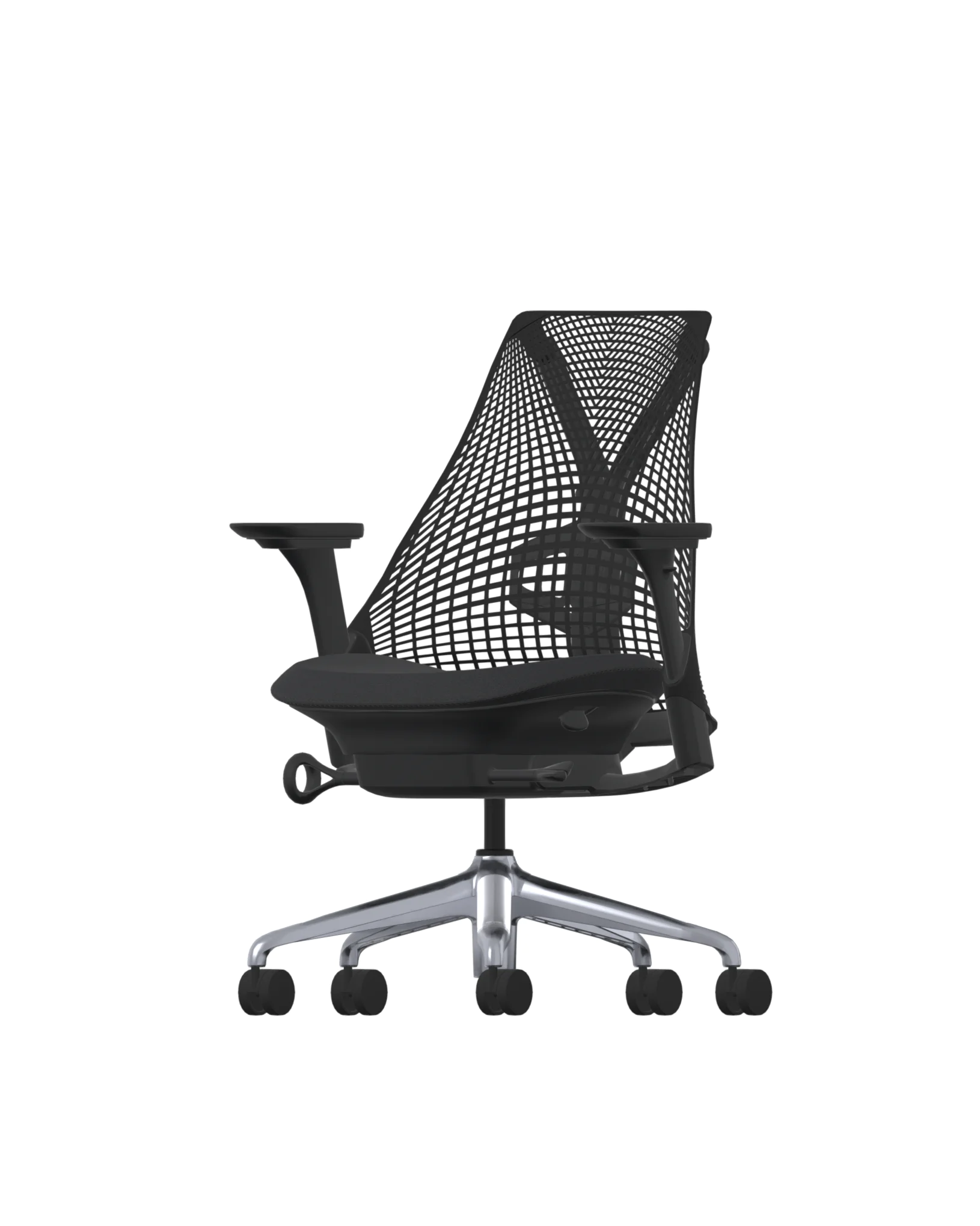 Deze moderne bureaustoel heeft een strak, ergonomisch ontwerp met een zwarte mesh rugleuning en zitting ondersteund door zilveren metalen poten en vijf zwarte zwenkwielen, verstelbare armleuningen en een aluminium upgrade voor elegantie, die doet denken aan de Herman Miller Sayl.