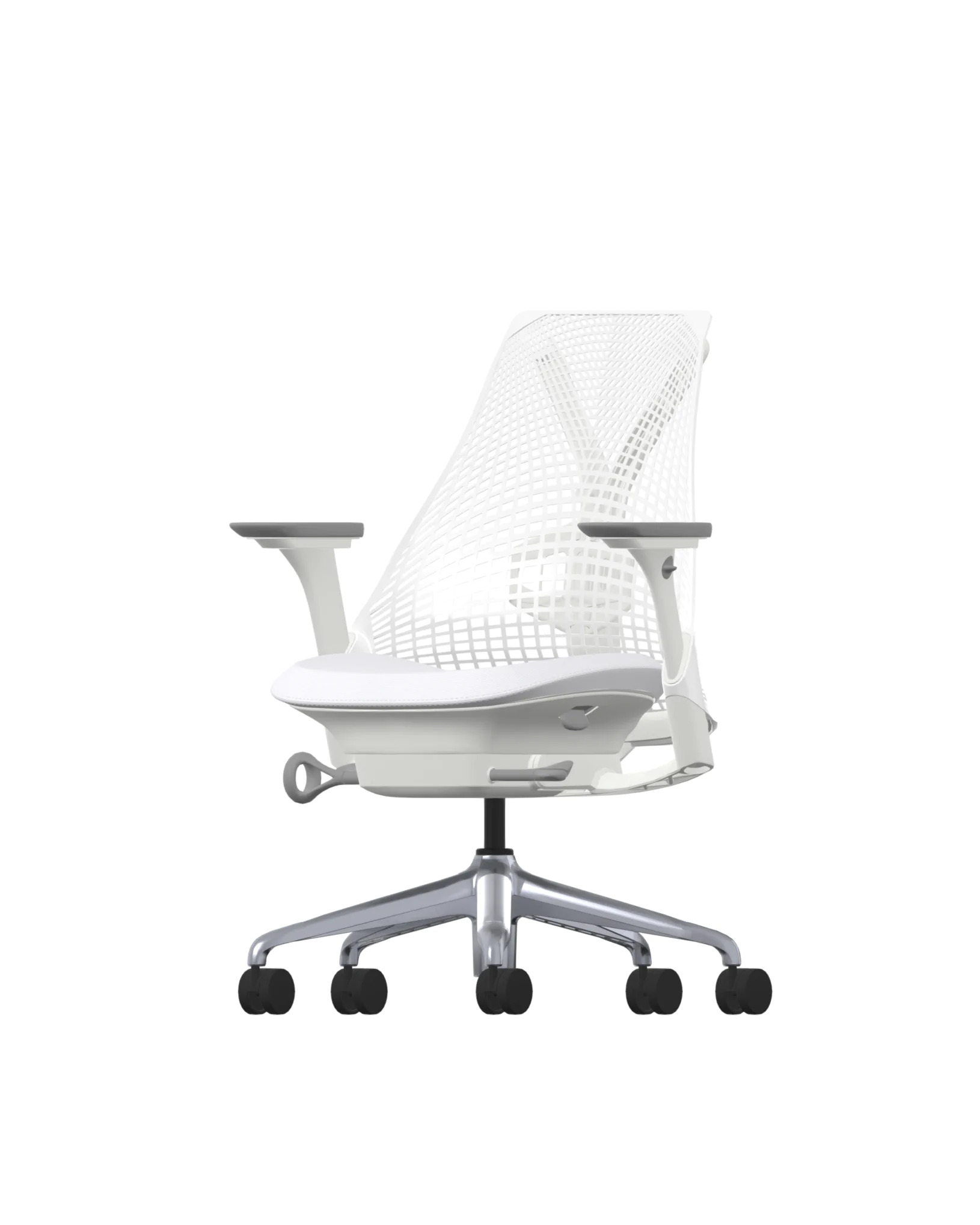 De Herman Miller Sayl heeft een wit frame en mesh rugleuning met gewatteerde zitting, verstelbare armleuningen en een vijfsterren basis met zwenkwielen. Deze moderne bureaustoel in Alpine Rug Meld Stark Stof en Aluminium Upgrade combineert stijl met ergonomisch comfort.