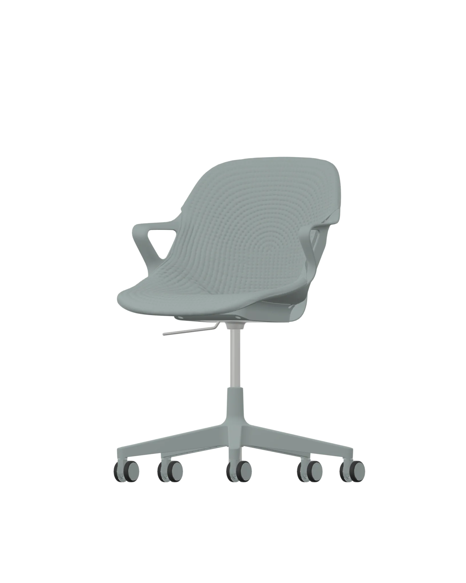 Maak kennis met de Herman Miller Zeph, Glacier-editie: een moderne bureaustoel in effen lichtgrijs met een 3D-gebreide unibody, met armleuningen, verstelbare hoogte en een stevig onderstel met vijf wielen voor maximale mobiliteit en comfort.
