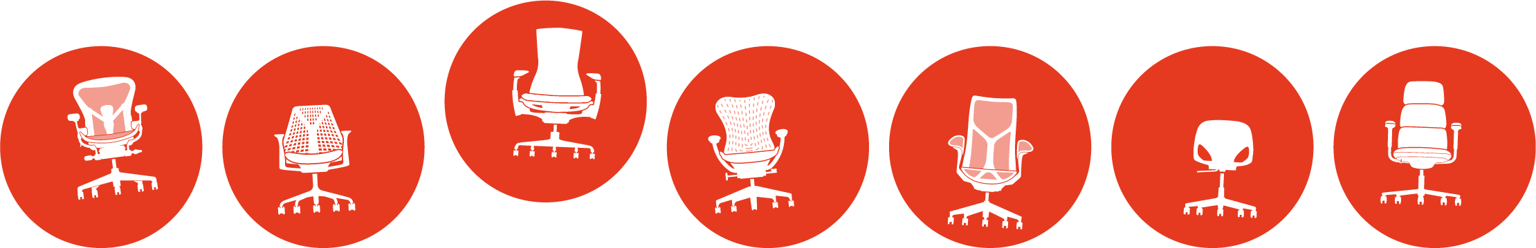 Illustratie van zeven verschillende witte LoyalBrand-bureaustoeliconen op afzonderlijke rode cirkels, elk met een uniek ontwerp en stijl, allemaal horizontaal gerangschikt tegen een strakke zwarte achtergrond.
