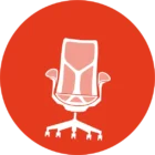 Icoon van een bureaustoel met armleuningen en een onderstel met wielen, afgebeeld in het wit op een rode cirkelvormige achtergrond, wat de LoyalBrand-filosofie van kwaliteit en comfort belichaamt.