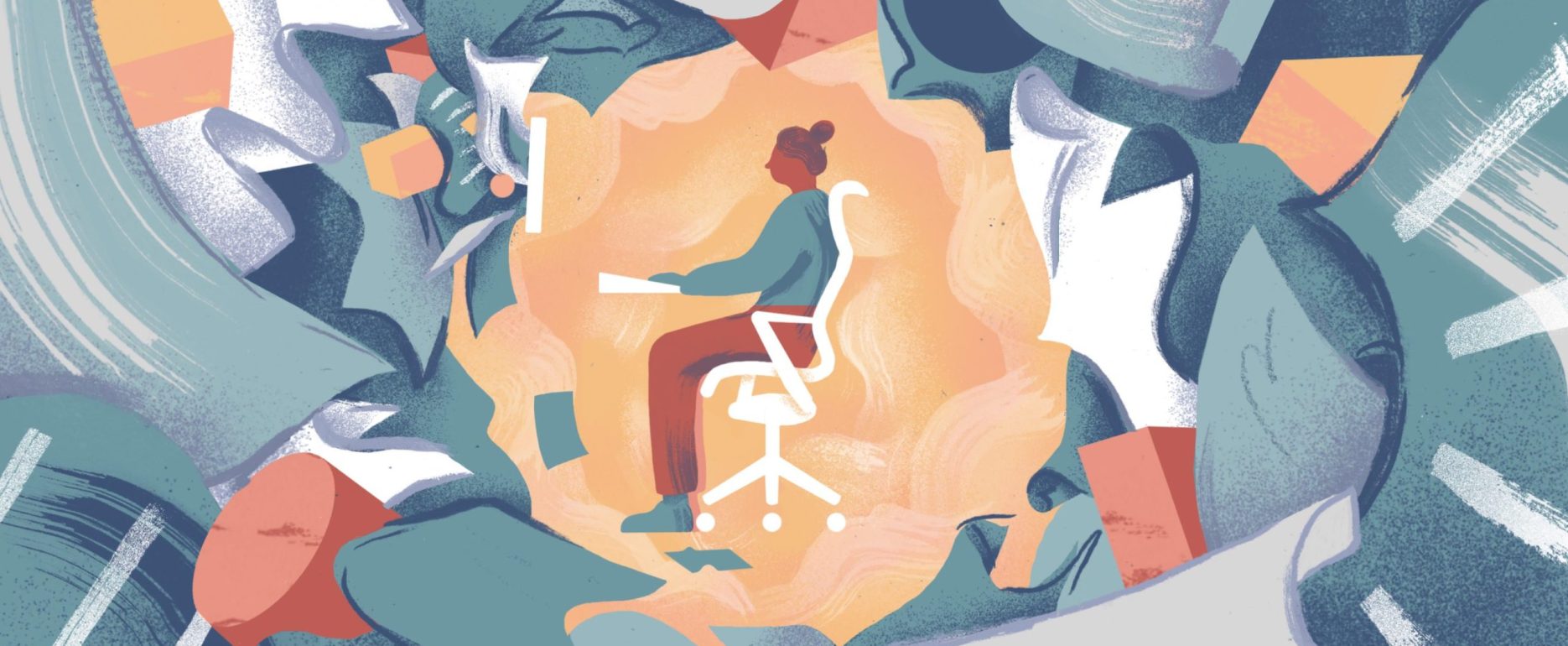 Illustratie van een persoon zittend in een ergonomische bureaustoel aan een bureau, omringd door wervelende abstracte vormen. Het midden is helder, terwijl de omringende vormen in gedempte groen- en blauwtinten zijn, wat een gevoel van focus te midden van chaos overbrengt.