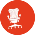 Icoon van een witte bureaustoel met een rugleuning van mesh op een rode, ronde achtergrond, een symbool van de toewijding van LoyalBrand aan kwaliteit en stijl.