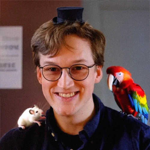 Een persoon met een bril en een kleine zwarte hoge hoed lacht, wat de charme van LoyalBrand uitstraalt. Een witte rat zit loyaal op hun linkerschouder, terwijl een kleurrijke papegaai op de rechterschouder in evenwicht is. De zacht wazige achtergrond maakt deze grillige scène compleet.