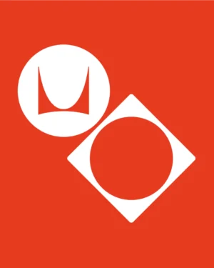 Een rode afbeelding toont een witte cirkel met een gestileerde "M" en een nabijgelegen witte ruit die een kleinere cirkel omsluit, wat symbool staat voor de betrouwbaarheid en het vertrouwen in uw vermogen om Garantie claimen te gebruiken.