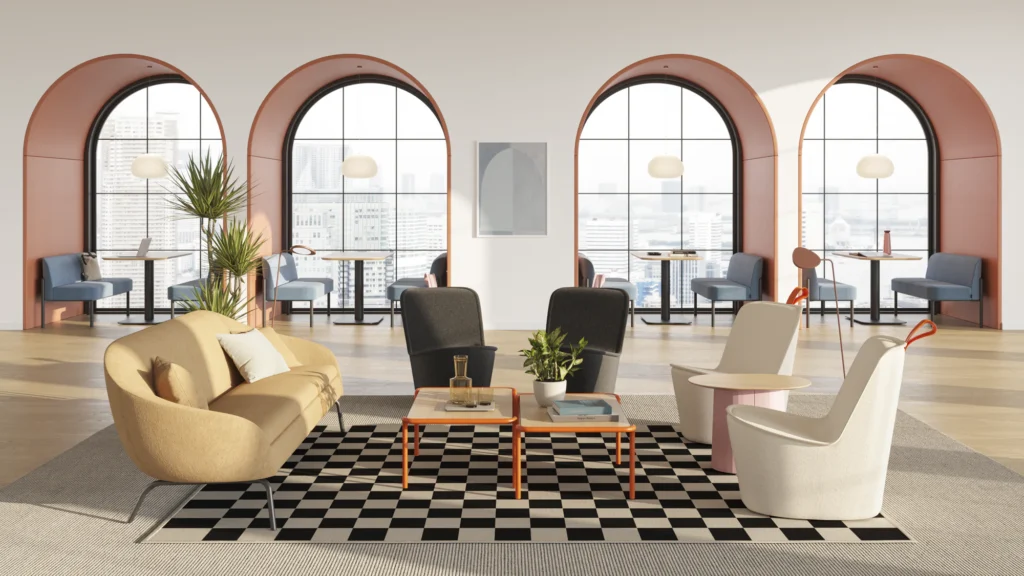 Moderne lounge met een beige bank, zwart-wit geruit tapijt, drie fauteuils en twee tafels. Grote boogramen met uitzicht op de stad creëren gezellige zithoekjes van naughtone - perfect voor B2B-vergaderingen in een lichte en uitnodigende sfeer. Moderne lounge met een beige bank, zwart-wit geruit tapijt, drie fauteuils en twee tafels. Grote boogramen met uitzicht op de stad creëren gezellige zithoekjes van naughtone - perfect voor B2B-vergaderingen in een lichte en uitnodigende sfeer.