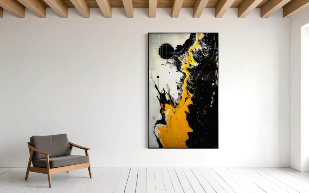 Een moderne leefruimte met een houten plafond, witte muren en vloeren. Links staat een grijze fauteuil en aan de muur hangt een groot abstract schilderij met zwarte, gele en witte kleuren.